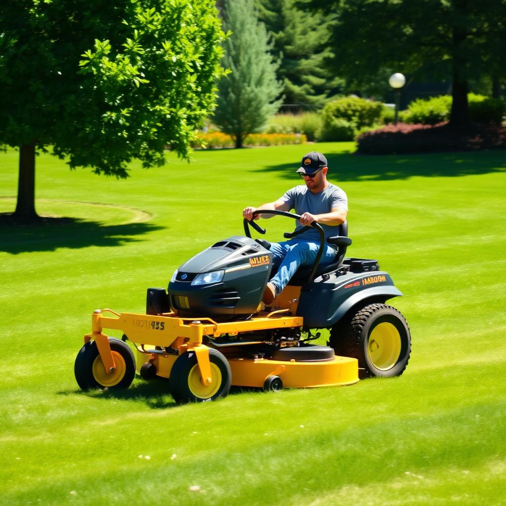 Adam of Greenscapes Lawn Service operating a commercial zero-turn mower